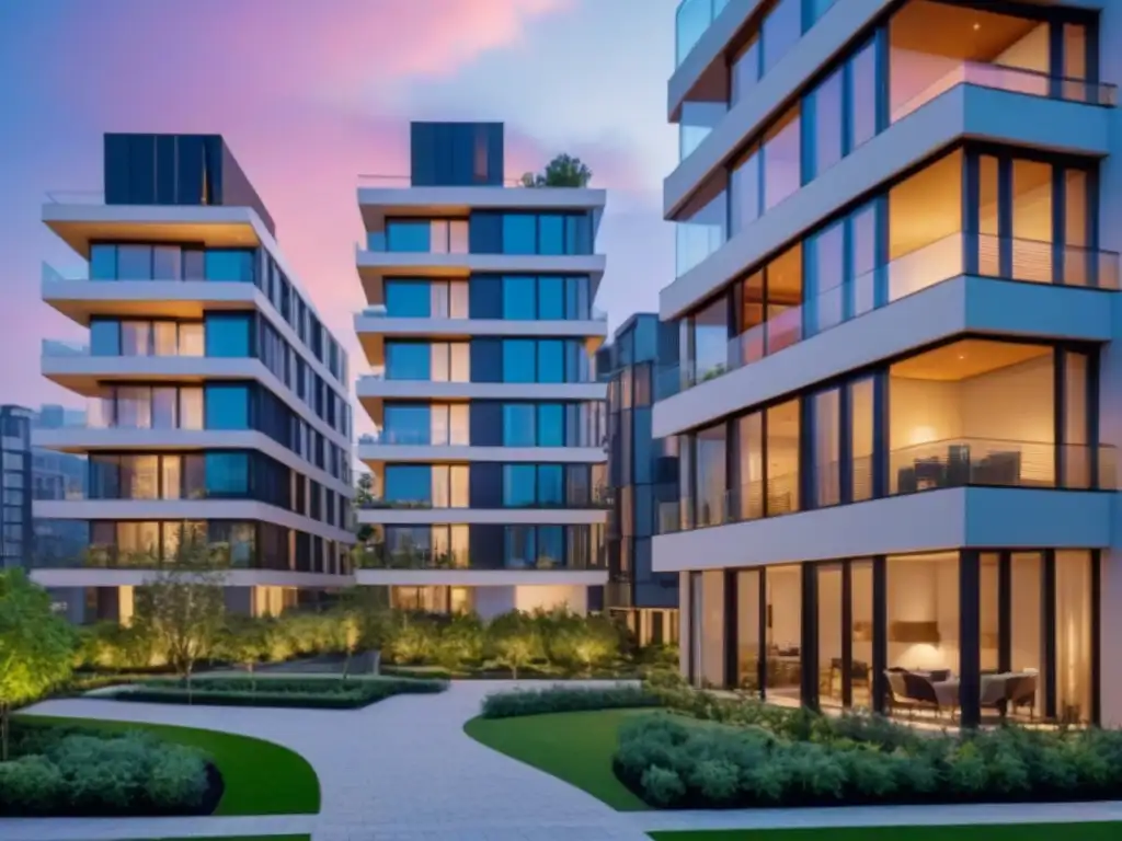 Inversiones inmobiliarias en un entorno de lujo al atardecer Un ambiente de éxito y comunidad en un complejo de lujo al atardecer, con arquitectura moderna y profesionales debatiendo inversiones inmobiliarias