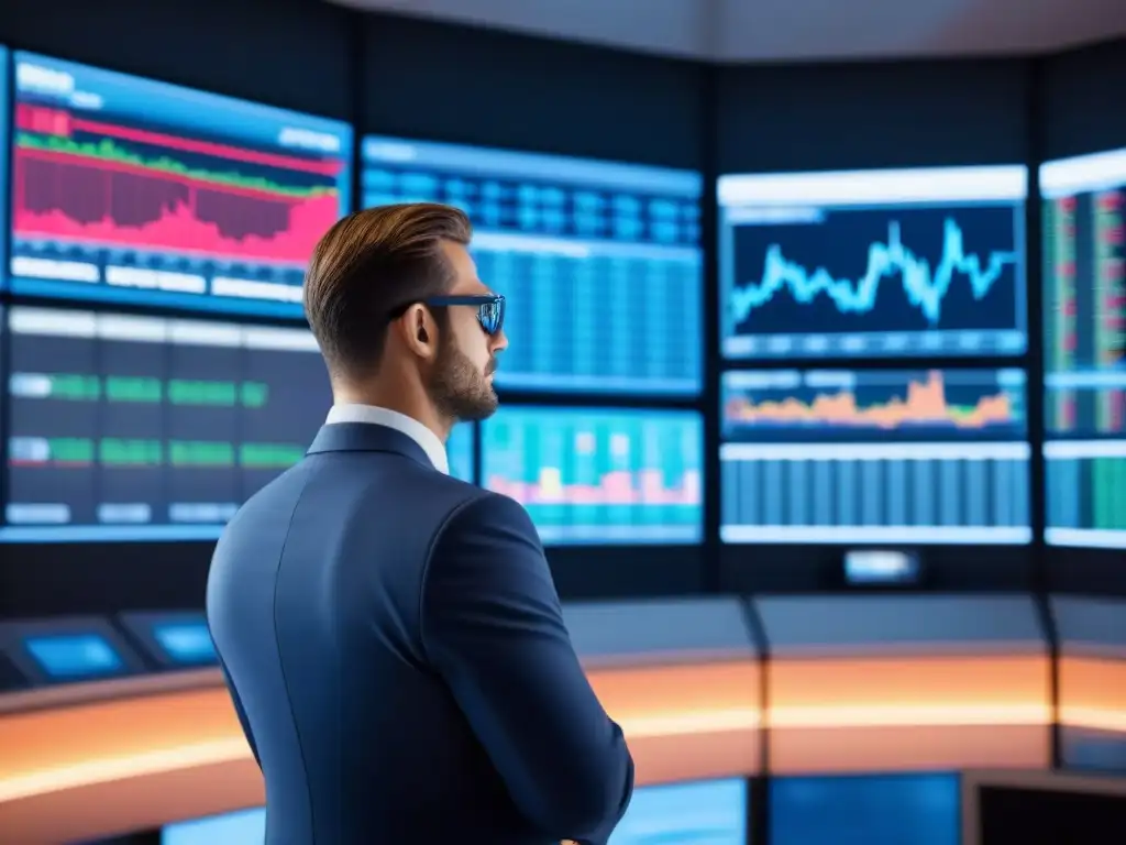 Entorno financiero digital de alta tecnología Un ambiente financiero futurista con traders analizando datos y gráficos en pantallas digitales, iluminado en azul