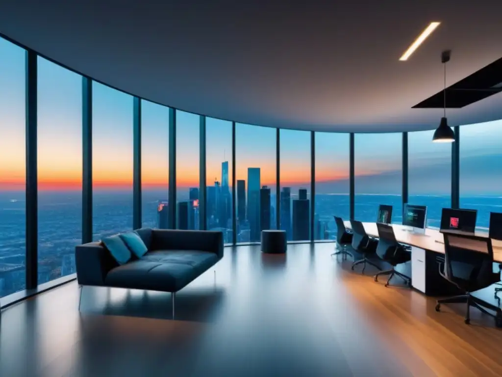 Oficina futurista: revolución del mercado inmobiliario con big data Un ambiente futurista de oficina con tecnología de vanguardia y profesionales analizando datos inmobiliarios con Fintech préstamos big data