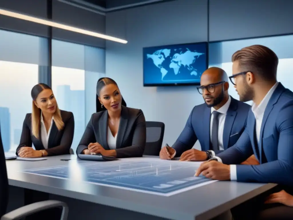 Reunión profesional diversa en oficina moderna con proyecto inmobiliario Un ambiente innovador y colaborativo en una oficina moderna con profesionales diversos discutiendo un proyecto inmobiliario