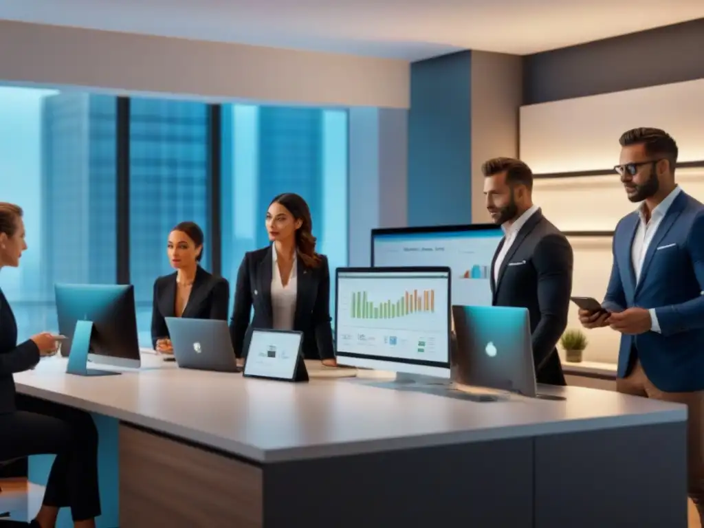 Oficina inmobiliaria moderna: profesionales y tecnología de vanguardia Un ambiente moderno de oficina inmobiliaria con profesionales utilizando las mejores aplicaciones de gestión para clientes