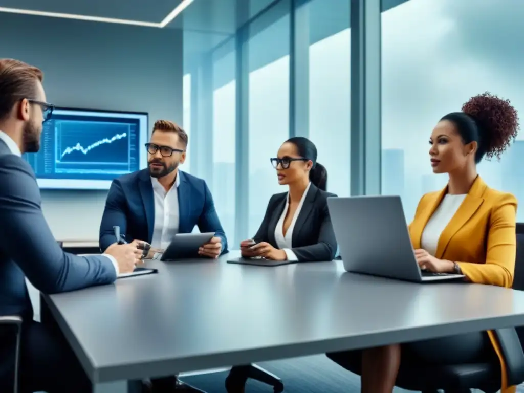 Profesionales de seguros innovando en oficina moderna Un ambiente moderno de oficina con profesionales de seguros diversificados discutiendo estrategias alrededor de una mesa de conferencias