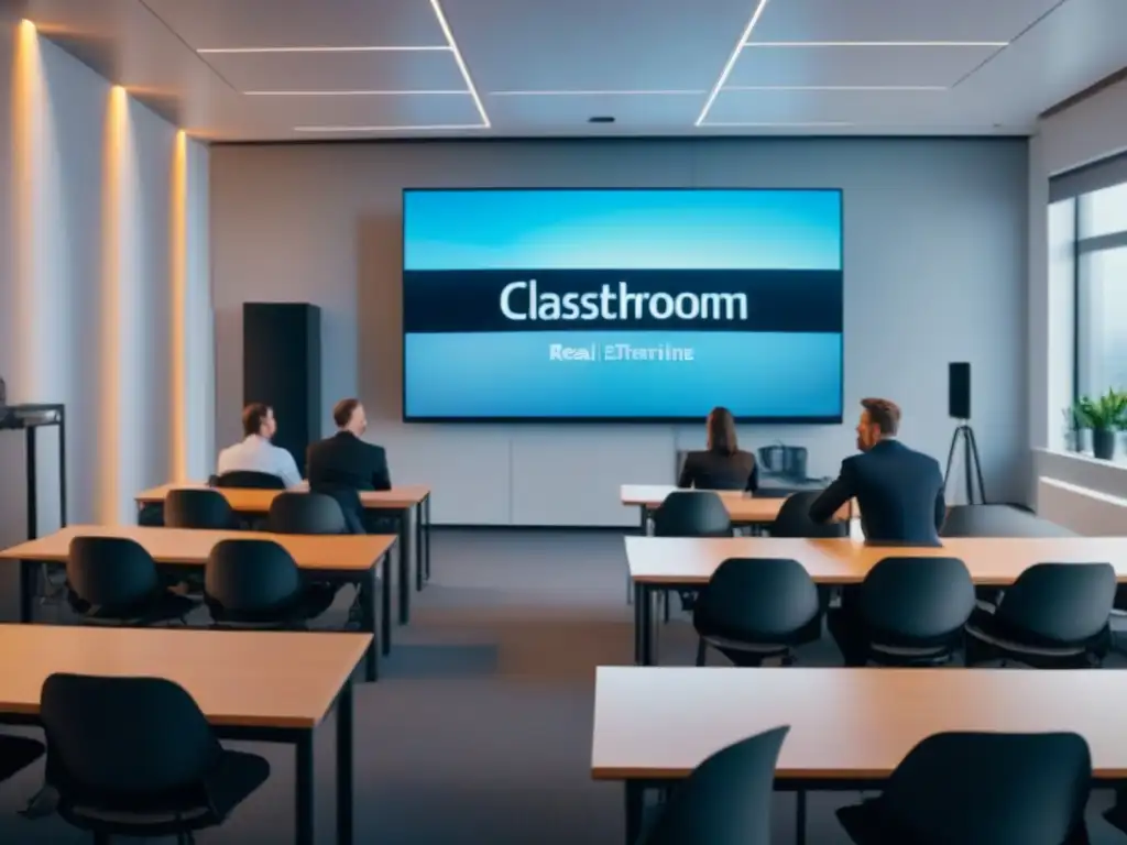 Clase moderna con tecnología avanzada para formación inmobiliaria Un ambiente moderno y sofisticado para certificaciones de alto valor inmobiliario