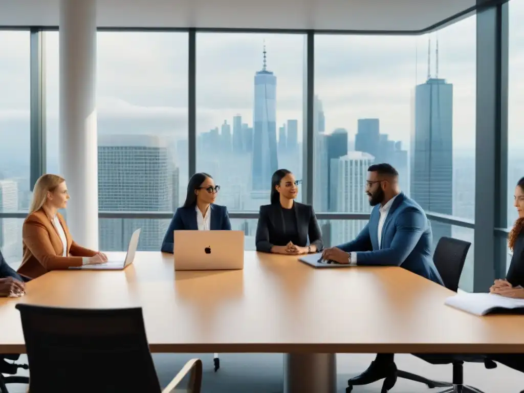 Equipo diverso en oficina moderna: financiamiento inmobiliario innovador Un ambiente moderno de trabajo en equipo en finanzas inmobiliarias con impacto crowdlending