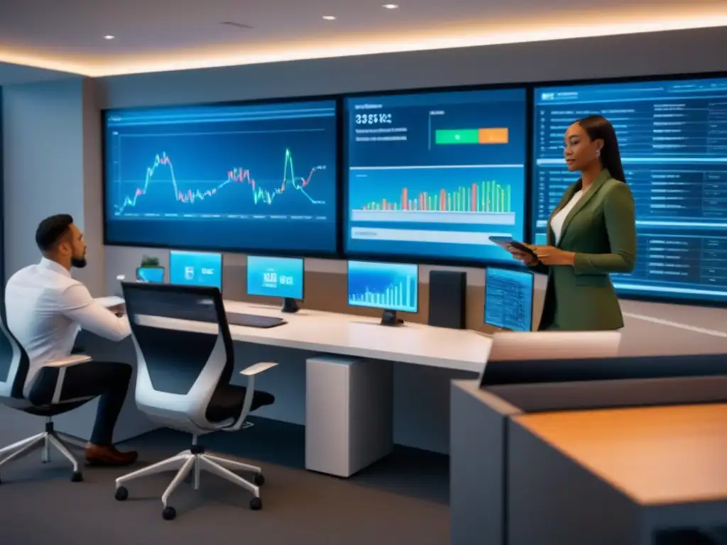 Oficina Futurista: Colaboración Étnica en Evaluación Crediticia Un ambiente de oficina futurista y dinámico donde profesionales colaboran en evaluaciones de créditos hipotecarios con avanzada tecnología