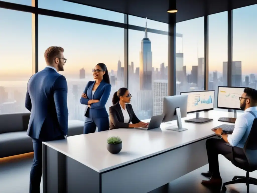 Profesionales diversos en oficina moderna: estrategias de éxito Un ambiente de oficina moderno y diverso, donde profesionales colaboran estratégicamente