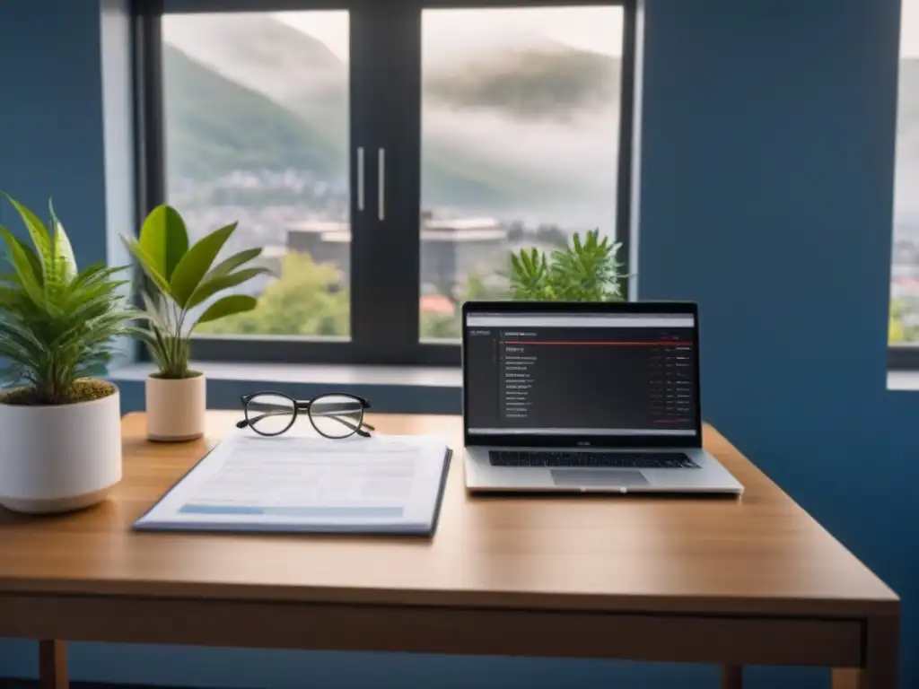 Oficina moderna con informe de tasación inmobiliaria y llaves Un ambiente de oficina moderno y elegante con una computadora mostrando una tasación inmobiliaria, llaves y gafas
