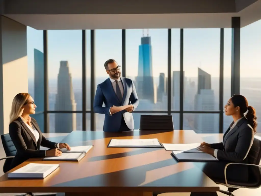 Oficina moderna con profesionales diversos en reunión Un ambiente de oficina moderno con profesionales diversos discutiendo estrategias fiscales en bienes raíces