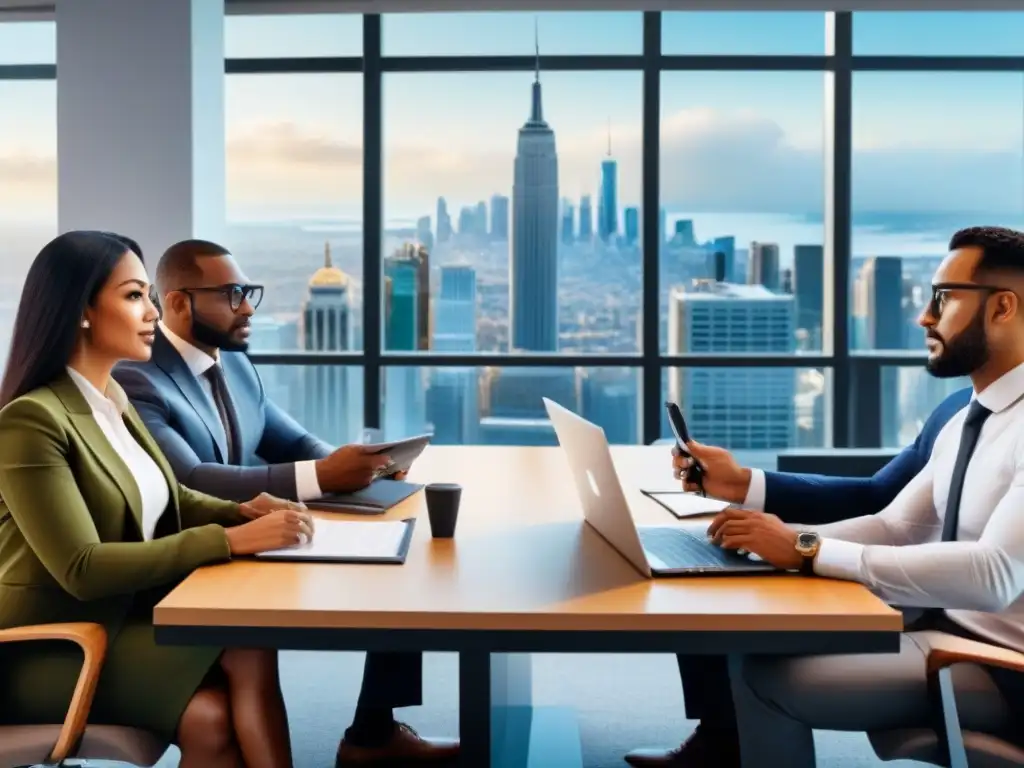 Profesionales diversos en oficina de préstamos inmobiliarios Un ambiente profesional y diverso en una oficina moderna, con expertos discutiendo normativas préstamos inmobiliarios 2021