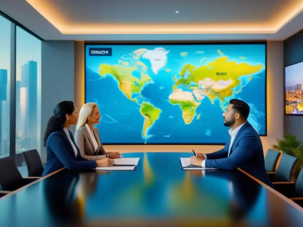 Profesionales en sala de juntas analizan inversiones inmobiliarias globales Un ambiente profesional y educativo donde se discute la gestión eficiente de riesgos en inversiones inmobiliarias globales