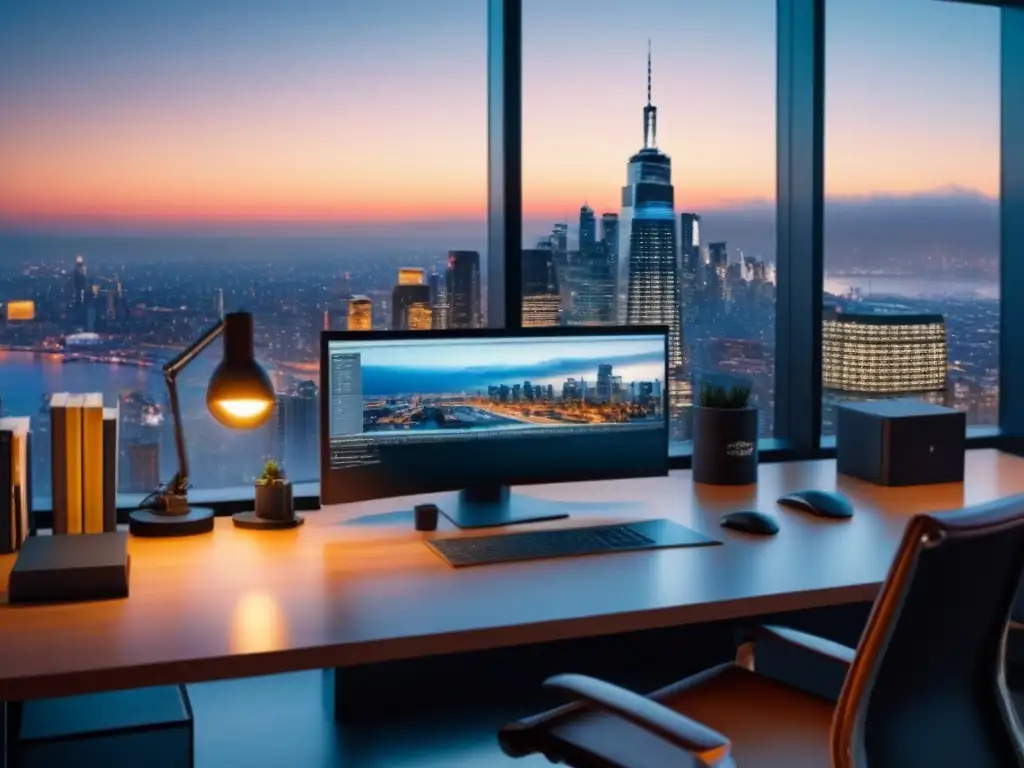 Oficina moderna con vista urbana al atardecer y laptop de seguros Ambiente profesional en oficina moderna con vista a la ciudad al atardecer