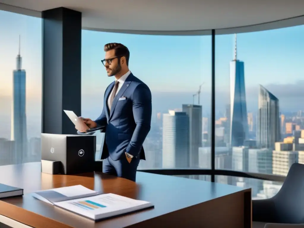 Oficina moderna y lujosa: análisis de crédito inmobiliario Un ambiente profesional y sofisticado para discutir factores clave en la aprobación de créditos inmobiliarios