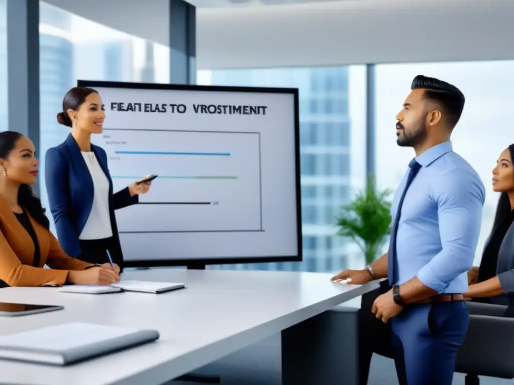 Profesionales diversificados en oficina moderna crean estrategias de inversión inmobiliaria Un ambiente de trabajo inclusivo y productivo, con profesionales colaborando en estrategias de inversión inmobiliaria