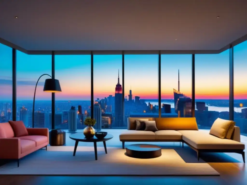 Penthouse moderno con vista a la ciudad al atardecer Amplio apartamento de lujo con ventanales y vista a la ciudad al atardecer