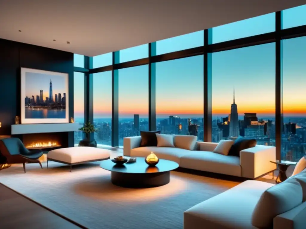 Salón de lujo con vistas a la ciudad: elegancia contemporánea Amplio salón moderno con vista a la ciudad, muebles contemporáneos y elegante decoración