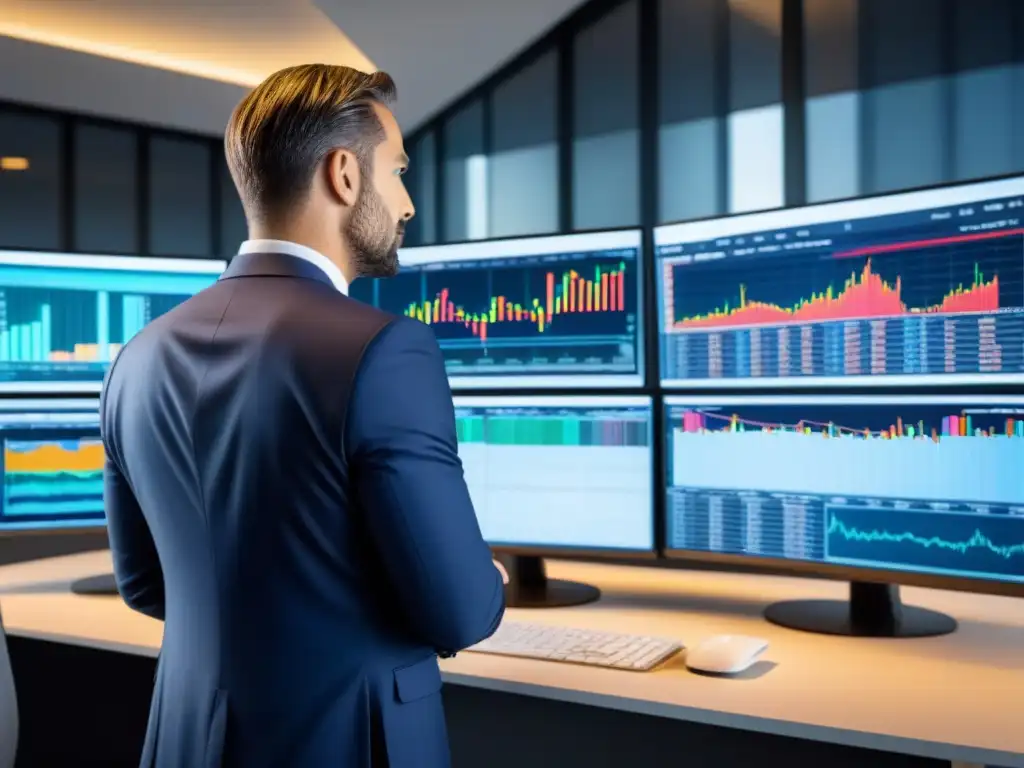 Analista financiero experto en REITs en oficina moderna Un analista financiero experto examina REITs inmobiliarios en un entorno tecnológico y moderno