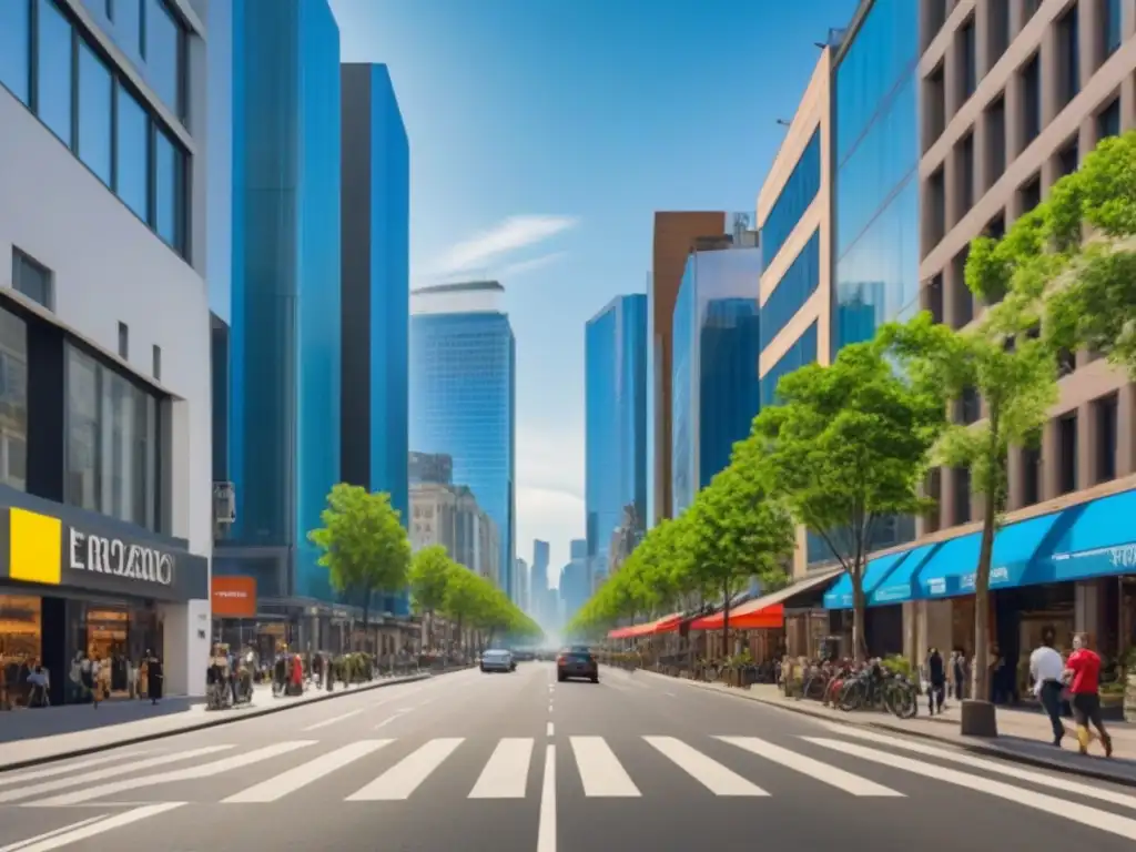 Leasing Inmobiliario Comercial: Vibrante Escena Urbana Animada calle de la ciudad con modernos edificios comerciales y negocios prósperos