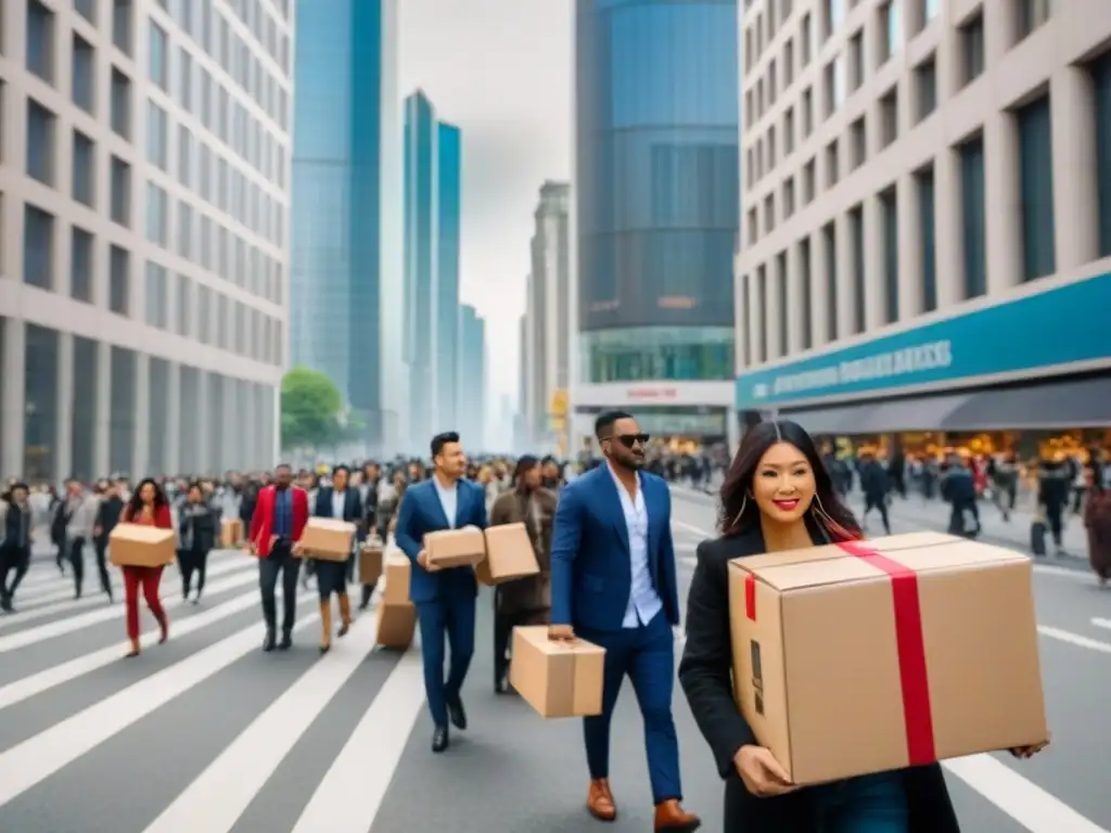 Mercado inmobiliario multicultural en la bulliciosa calle de la ciudad Animada calle urbana con diversidad de personas llevando cajas y muebles, reflejando la influencia de la migración en el mercado inmobiliario