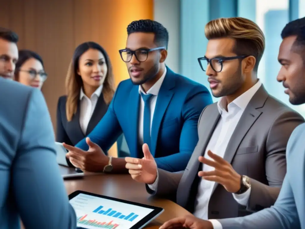 Profesionales debatiendo estrategias de inversión en oficina moderna Una animada discusión sobre opciones de financiamiento para inversores entre jóvenes profesionales en una oficina moderna