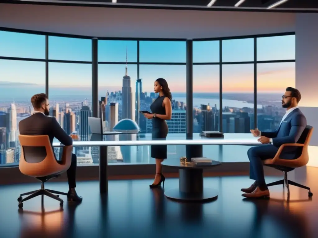 Profesionales innovadores debatiendo estrategias de financiamiento inmobiliario en moderno taller urbano Animada discusión de profesionales diversos en taller de financiamiento inmobiliario estrategias, rodeados de tecnología punta y diseño moderno
