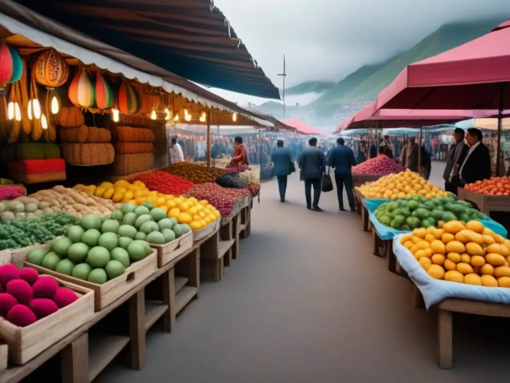 Mercado vibrante en Perú: colores, cultura y tradición Animado mercado peruano con textiles coloridos, cerámica intricada y frutas exóticas