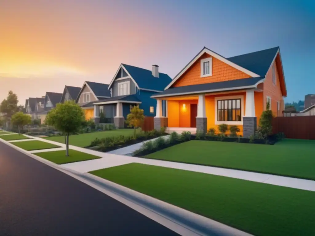 Vecindario suburbano de lujo al atardecer con seguridad avanzada Una apacible vecindad suburbana al atardecer con modernas casas y exuberante vegetación