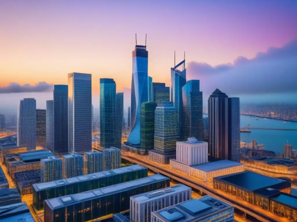 Horizonte financiero futurista: skyline moderno en 8k Apalancamiento financiero en inversión inmobiliaria: Impresionante skyline financiero moderno iluminado al anochecer