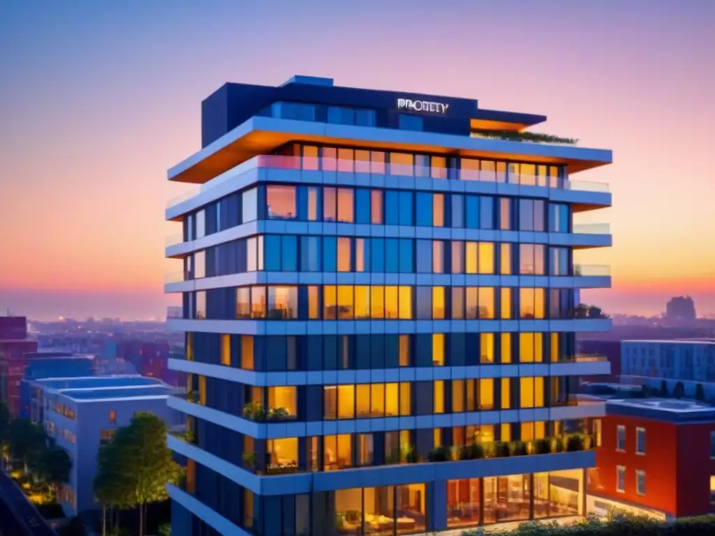 Edificio moderno con piscina en la azotea y vida urbana al atardecer Apartamento de lujo con piscina en la azotea y jardines, rodeado de vida urbana