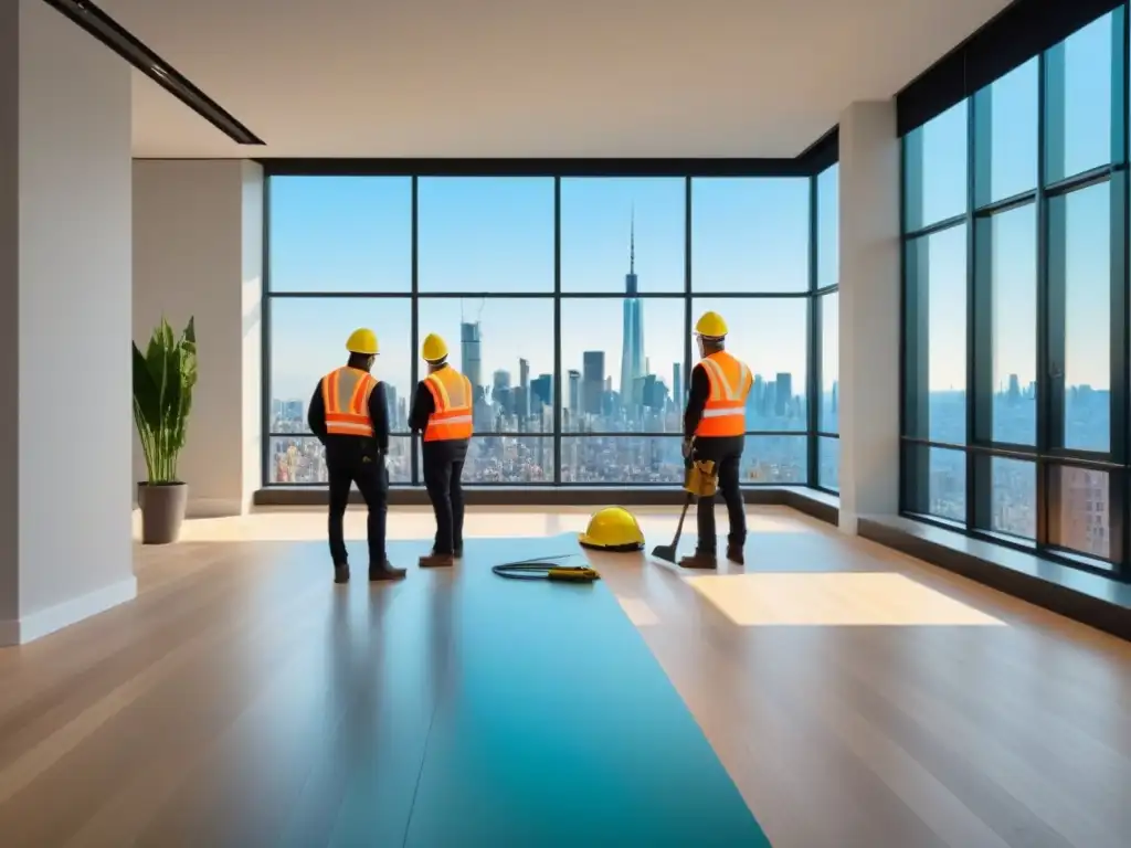Renovación de apartamento de lujo: transformación contemporánea Un apartamento de lujo en proceso de renovación, con obreros trabajando en la transformación