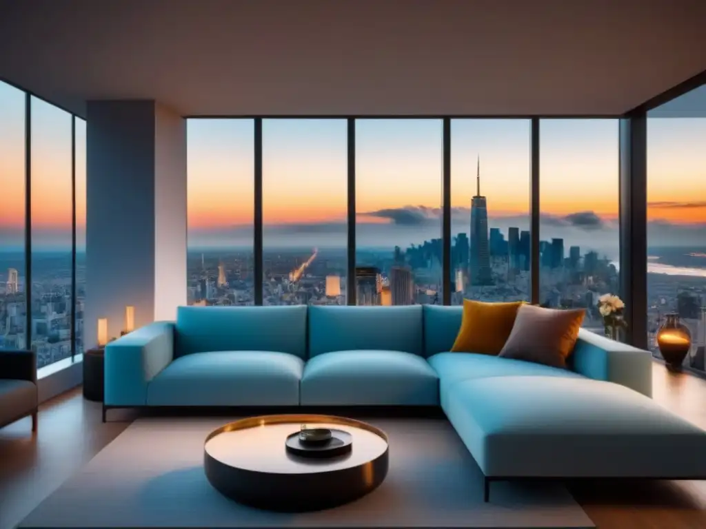 Espectacular apartamento moderno con vistas a la ciudad al atardecer Apartamento de lujo con vista a la ciudad al atardecer, muebles contemporáneos y decoración minimalista