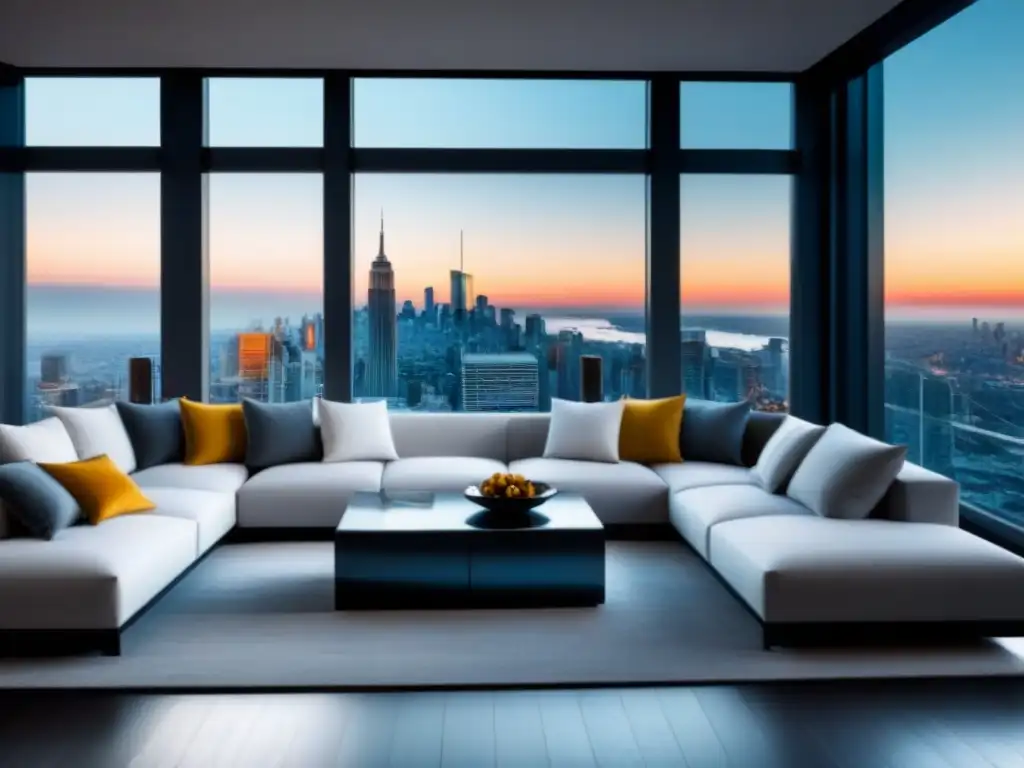 Penthouse de lujo con vista panorámica a la ciudad y decoración elegante Apartamento de lujo con vista panorámica, mobiliario contemporáneo y elegante decoración en tonos blancos, grises y metálicos