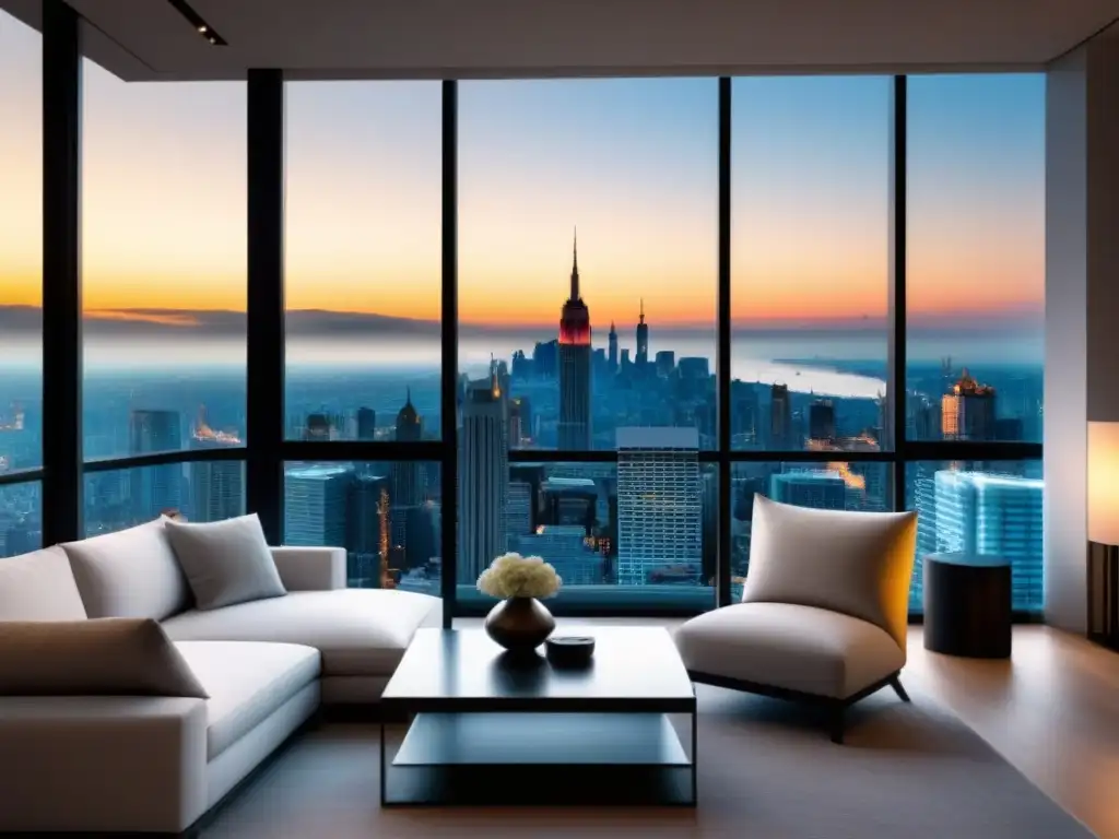 Interior de apartamento moderno y lujoso con vistas a la ciudad Un apartamento moderno de lujo con mobiliario elegante, decoración sofisticada y ventanales con vista a una ciudad