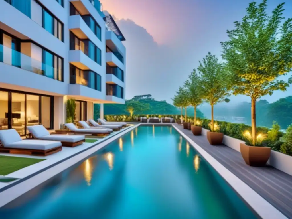 Apartamentos modernos de lujo con piscina en la azotea, rodeados de vegetación exuberante y vistas a la ciudad