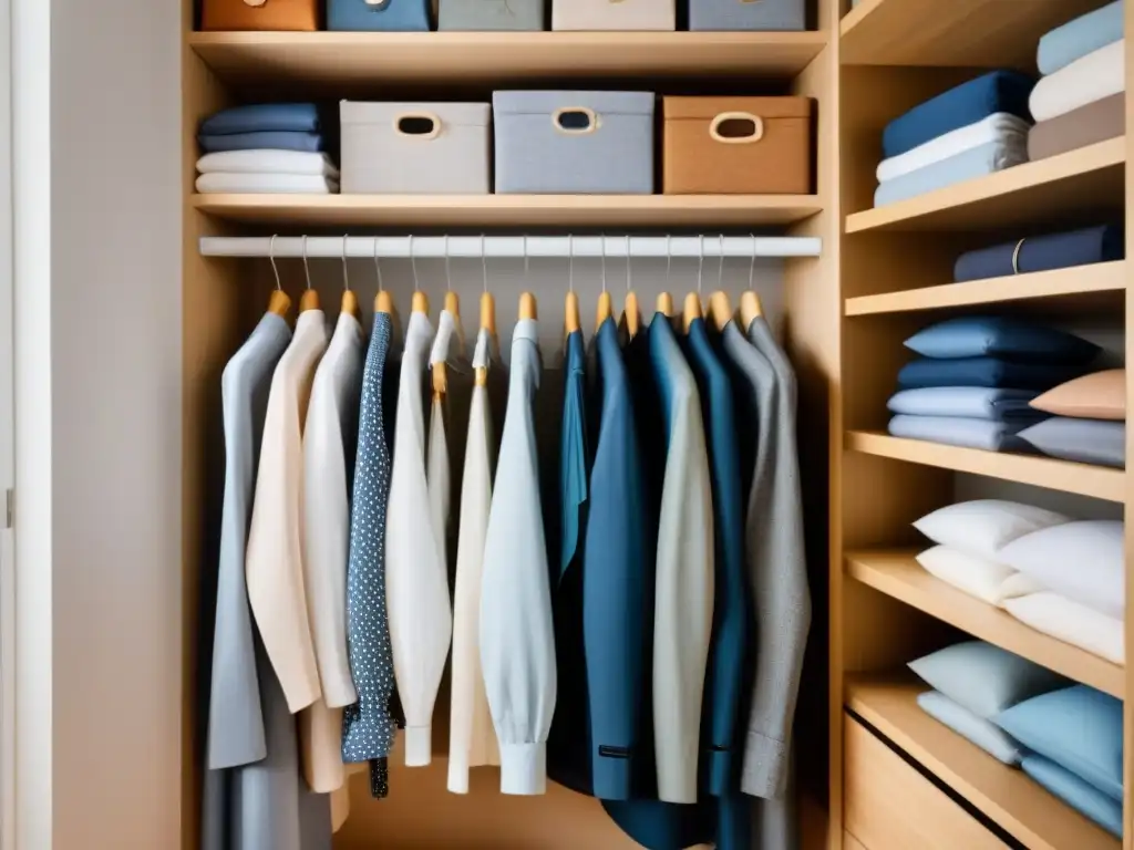 Armario organizado al estilo Marie Kondo: orden y armonía Un armario meticulosamente organizado con ropa doblada perfectamente, orden en el hogar para felicidad