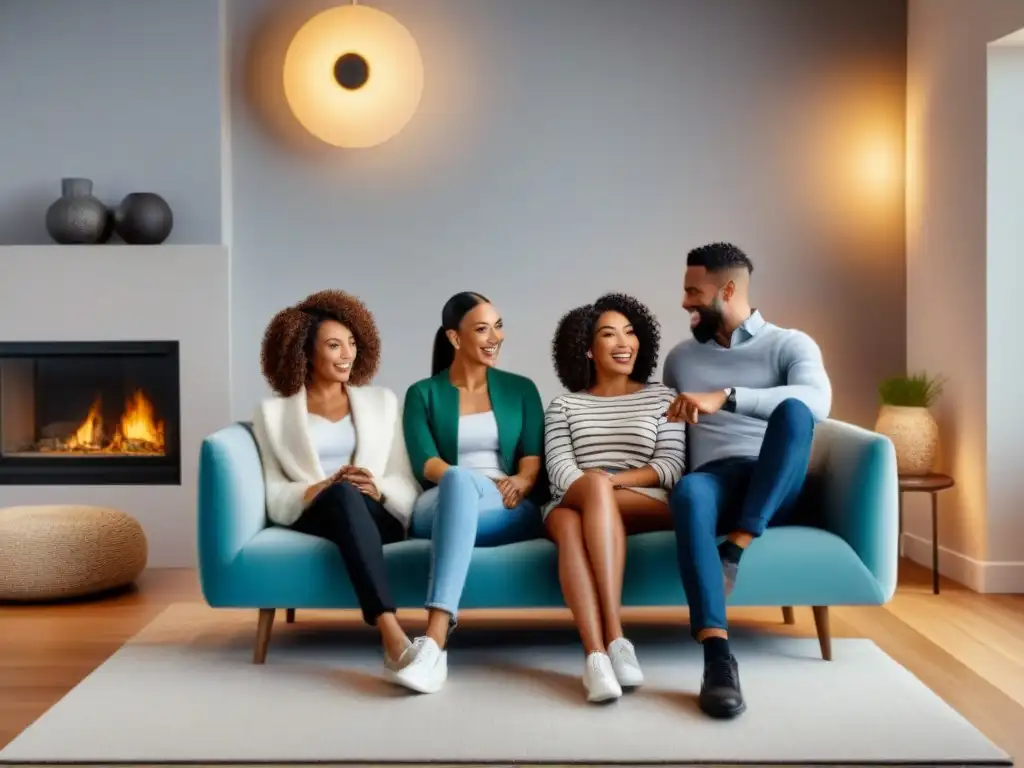 Familias diversas disfrutan de hogar inclusivo Armoniosa diversidad familiar en sala moderna