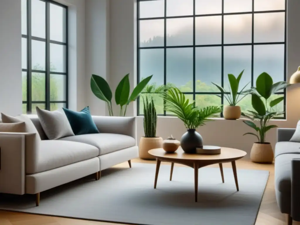 Serenidad moderna: Sala minimalista y tranquila en 8k Armoniosa sala moderna con plantas y luz natural