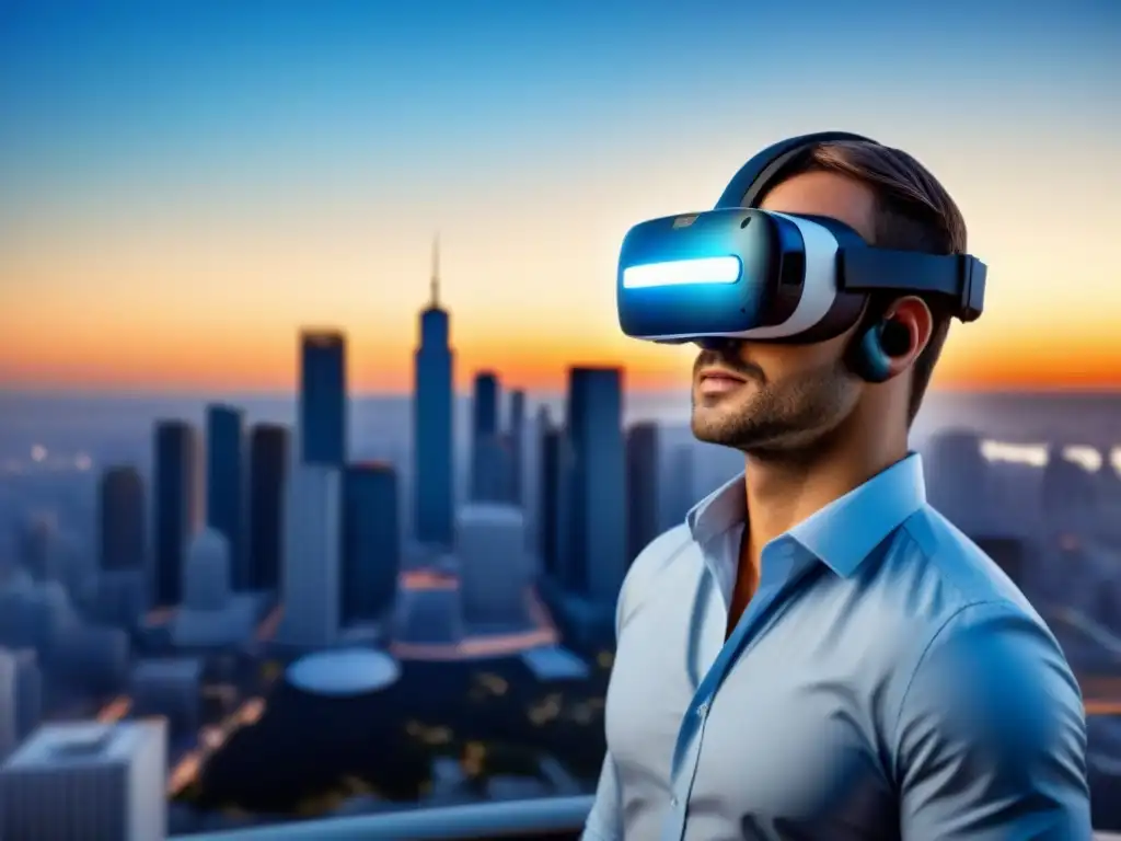 Arquitecto inmerso en realidad virtual de proyecto inmobiliario futurista Arquitecto con auriculares de realidad virtual en proyecto inmobiliario