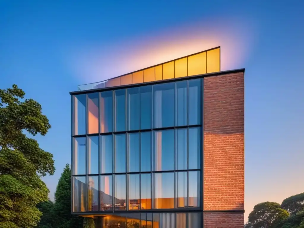 Edificio híbrido: fusión de ladrillo tradicional y vidrio moderno Una arquitectura híbrida que fusiona ladrillo, vidrio y naturaleza bajo un cielo azul