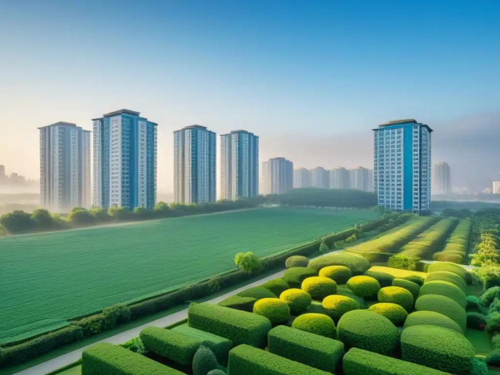 Arquitectura urbana: mezcla de estilos en viviendas gubernamentales Arquitectura moderna de viviendas gubernamentales integradas con espacios verdes, reflejando políticas de vivienda y rendimiento urbano