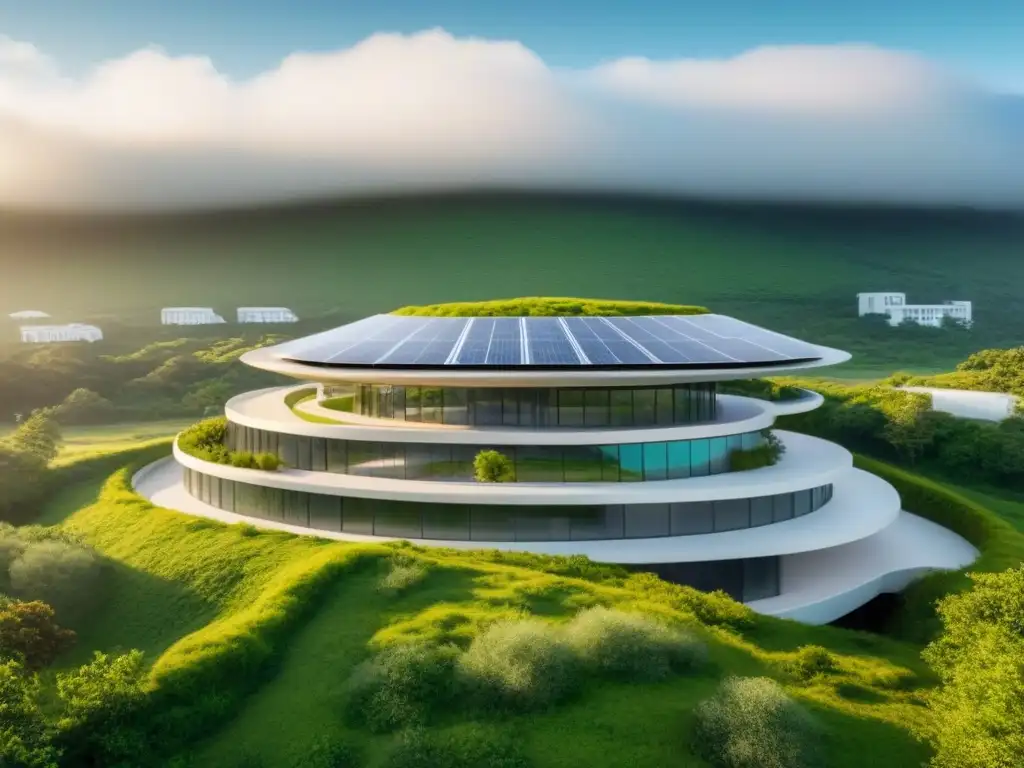 Arquitectura sostenible futurista: diseño ultradetallado en 8k Arquitectura sostenible con paneles solares y vegetación, para Análisis de ciclo de vida inmobiliario