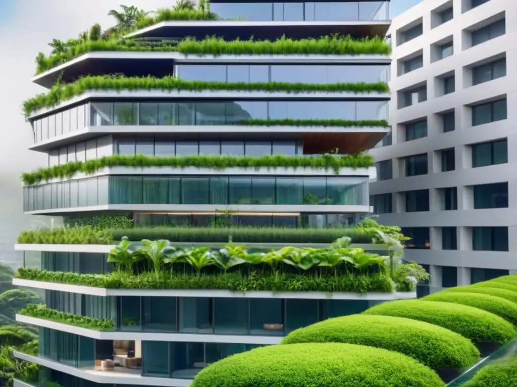 Edificio sostenible: diseño moderno con paneles solares y jardines verticales Arquitectura sustentable con paneles solares y jardines verticales, reflejando sofisticación y conciencia ambiental