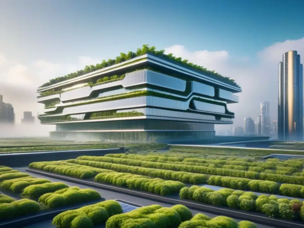 Edificio verde futurista en armonía con la naturaleza Arquitectura verde integrada en un paisaje urbano vibrante, simbolizando prácticas sostenibles para combatir el cambio climático