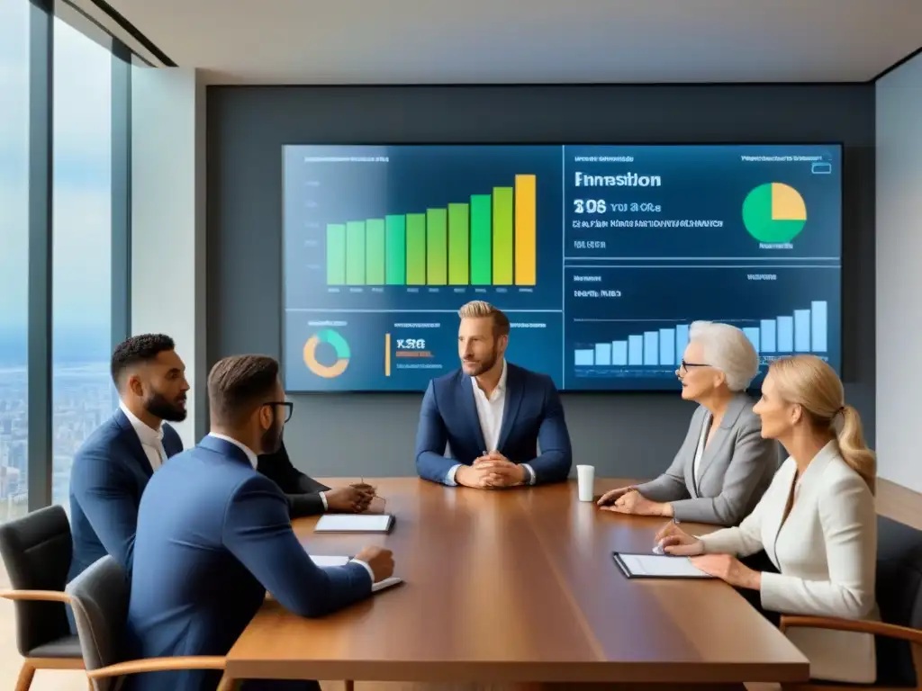 Reunión financiera: diversidad y confianza en proyección Un asesor financiero presenta consejos refinanciamiento préstamo inmobiliario a un grupo diverso en moderna sala de juntas