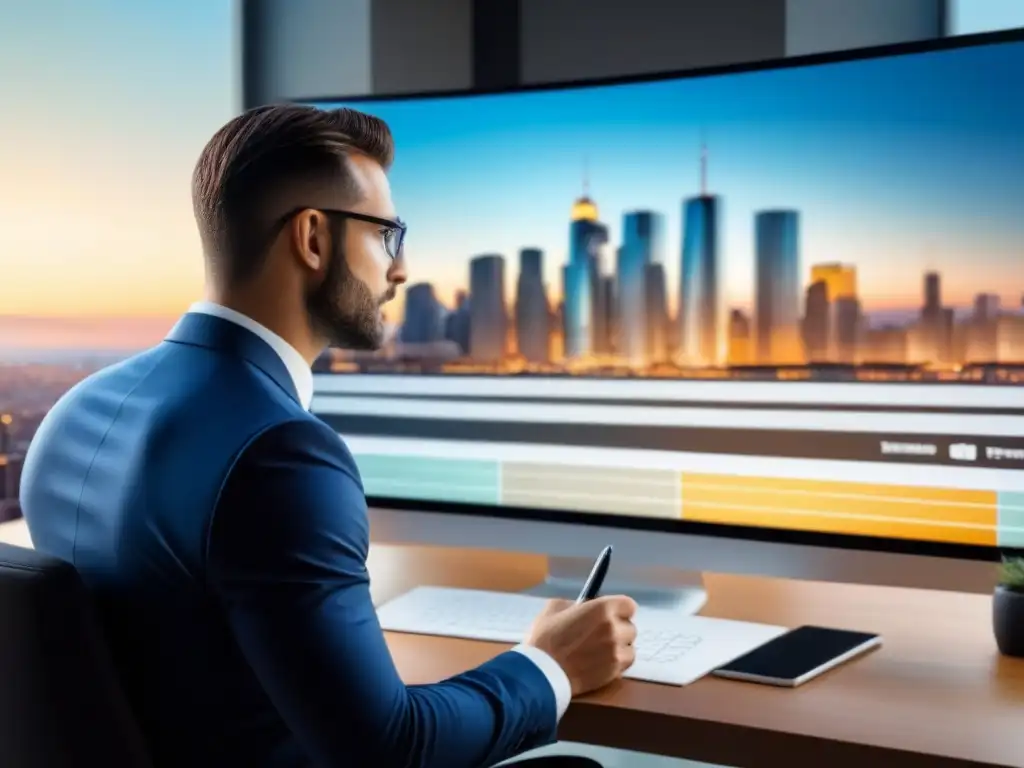Analista financiero moderno en ciudad vibrante Un asesor financiero moderno analizando gráficos en pantalla, con una vista panorámica de la ciudad