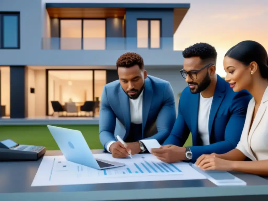 Expertos en hipotecas y sueños: asesores financieros junto a una pareja feliz en su moderna casa de ensueño en una imagen ultradetallada en 8k Asesor hipotecario para comprar casa junto a profesionales y pareja feliz en casa moderna