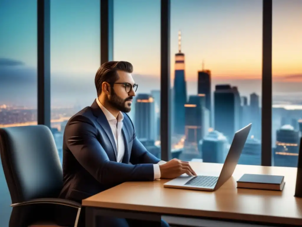 Negociación legal en oficina moderna Un asesor legal negocia un arrendamiento en una oficina moderna y elegante al atardecer