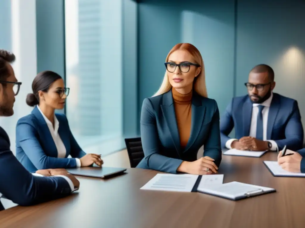 Consultoría legal en oficina moderna: experto asesor y clientes satisfechos Un asesor legal acelera transacción inmobiliaria con clientes en moderna oficina