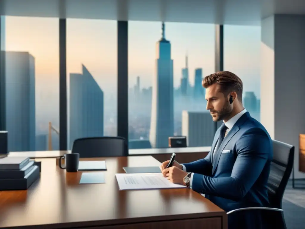 Abogado revisando contratos en oficina moderna Un asesor legal acelera una transacción inmobiliaria en una oficina moderna y elegante