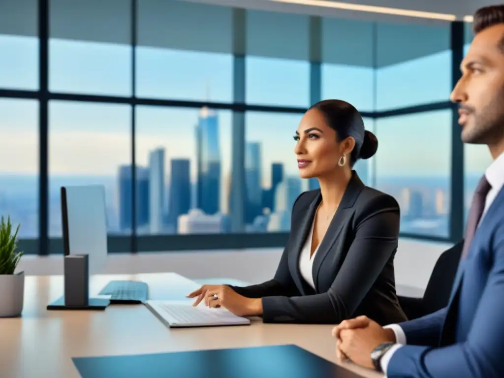 Asesora financiera ofrece opciones de hipoteca personalizadas Una asesora financiera personaliza hipoteca privada con clientes diversos en oficina moderna