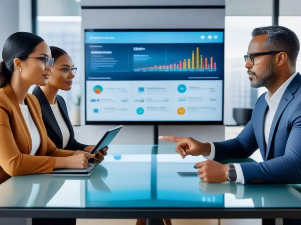 Profesionales planificando futuro financiero en oficina moderna Una asesora financiera muestra hipotecas basadas en ingresos futuros a una pareja diversa en una oficina moderna y tecnológica
